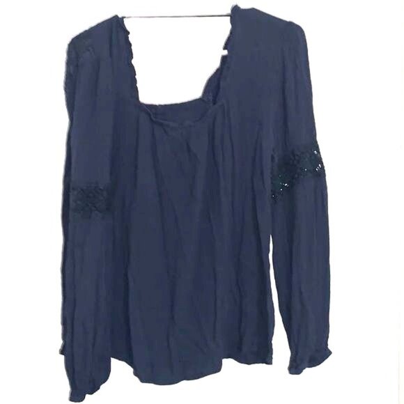 American Eagle Womens Navy Blue Long Sleeve Lace Henley Top S 100% Rayon Casual - Picture 9 of 11